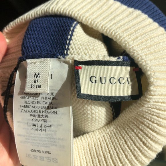 Gucci Blue and White Striped Beanie Hat with Cherry Motif - Picture 2 of 3